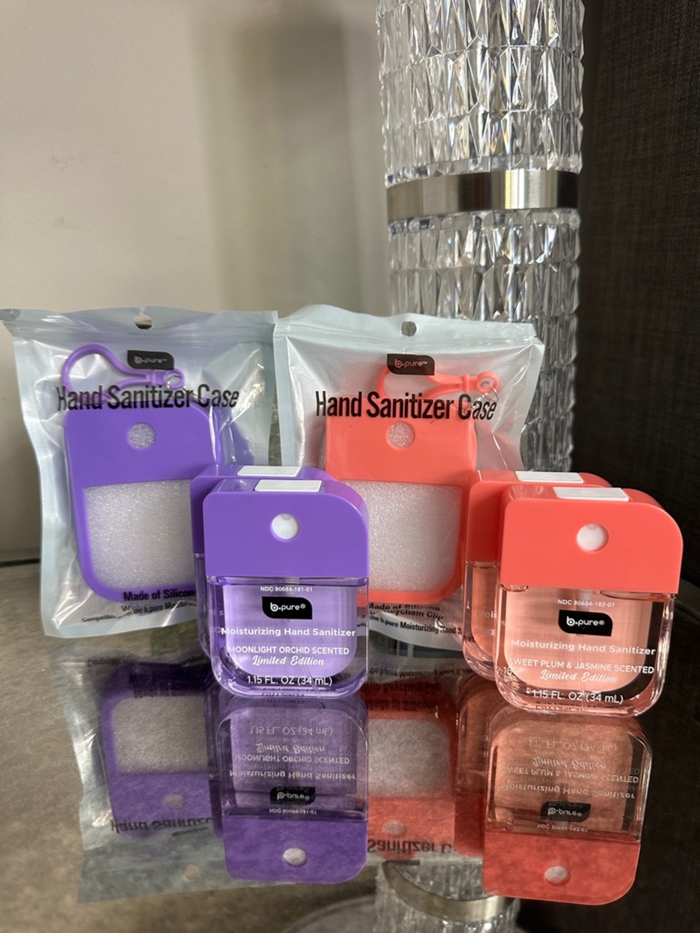 b-pure Purple & Coral Pocket Hand Sanitizer Cases with Moisturizing Sanitizer